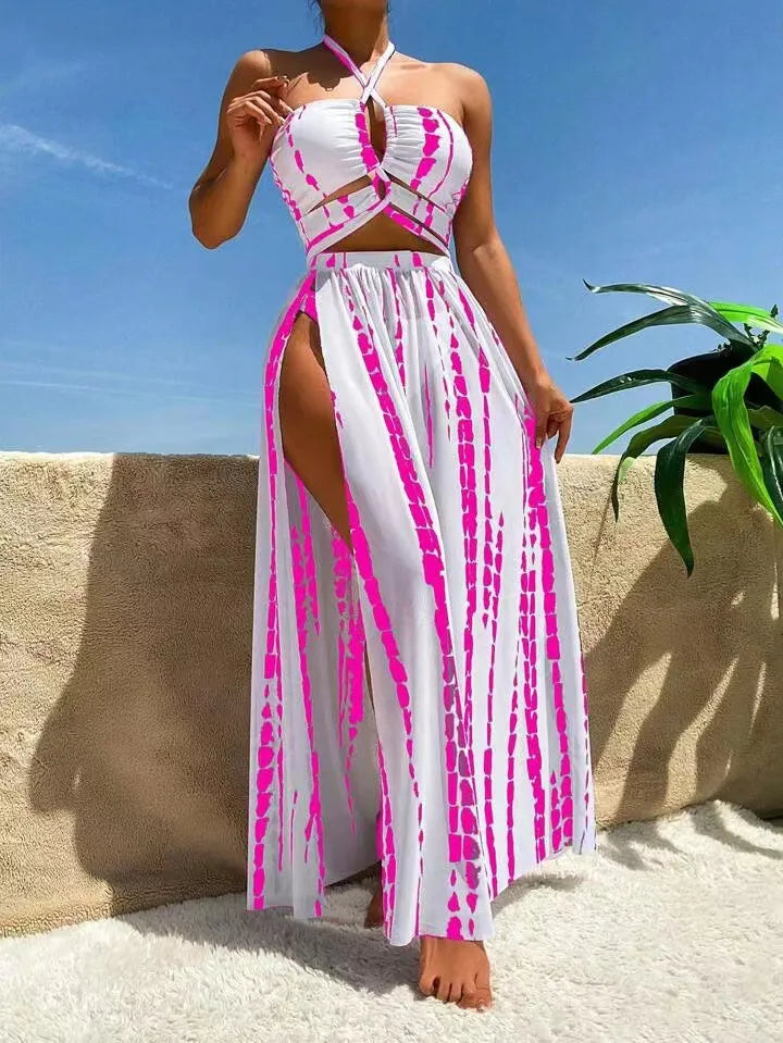 Women's Stripe Print Plus Size Swimsuit with High Split Long Skirt_1