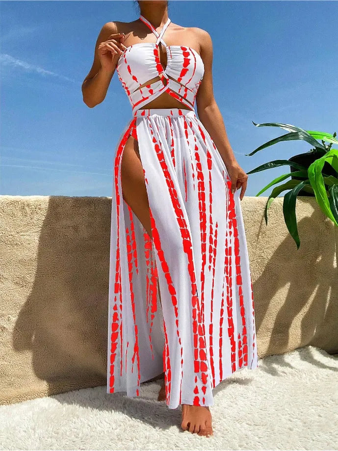 Women's Stripe Print Plus Size Swimsuit with High Split Long Skirt_3