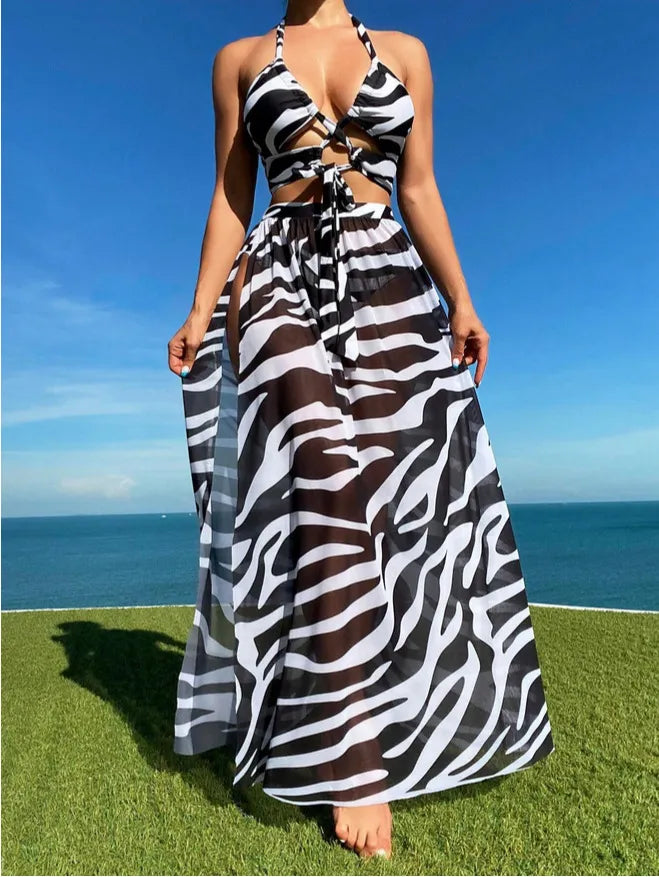Women's Stripe Print Plus Size Swimsuit with High Split Long Skirt_5