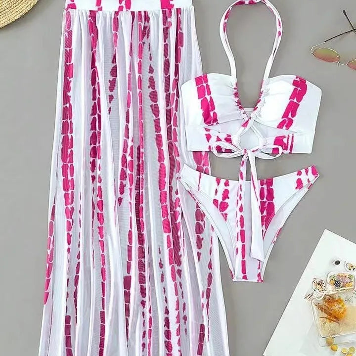 Women's Stripe Print Plus Size Swimsuit with High Split Long Skirt_6