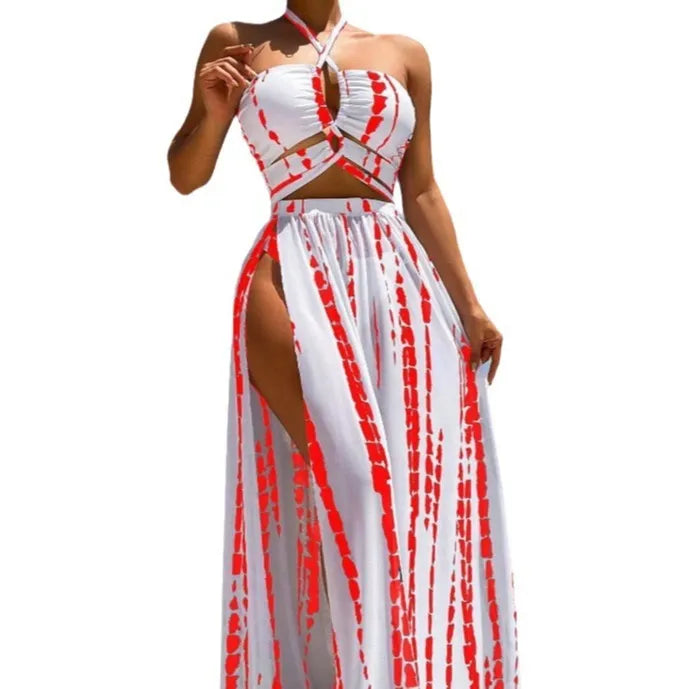 Women's Stripe Print Plus Size Swimsuit with High Split Long Skirt_9