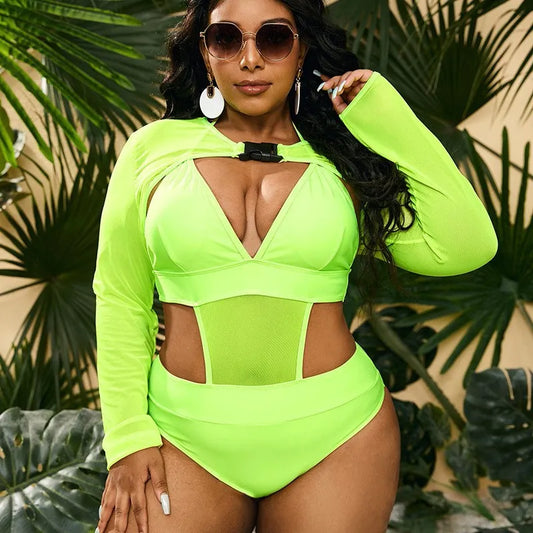 Plus Size Mesh Backless Two-Piece Swimsuit With Sun Protection_0