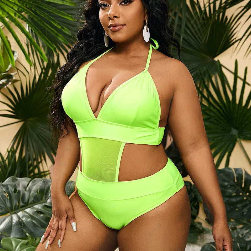 Plus Size Mesh Backless Two-Piece Swimsuit With Sun Protection_2