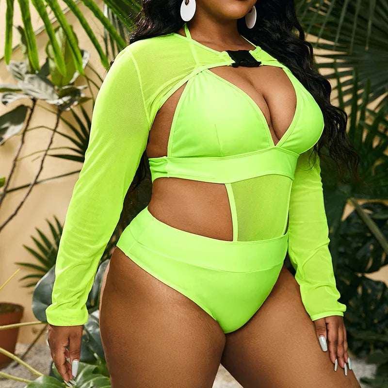Plus Size Mesh Backless Two-Piece Swimsuit With Sun Protection_3