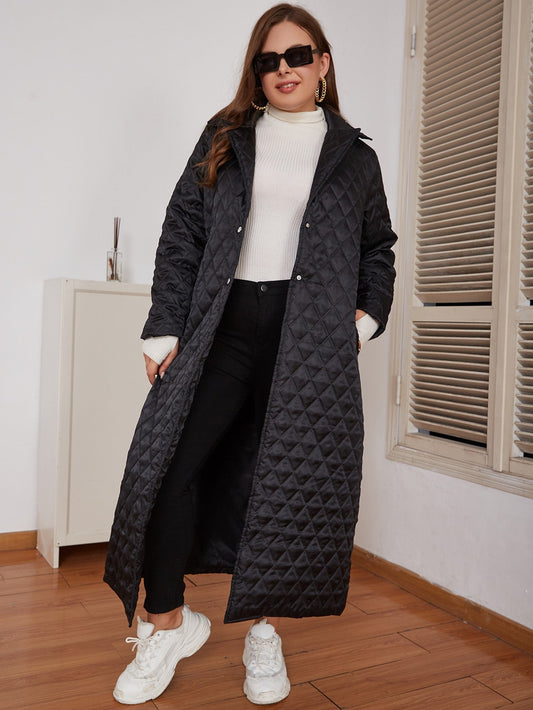 Women's Black Plus Size Winter Jacket Snap Front Lapel Collar Quilted Duster Coat_0