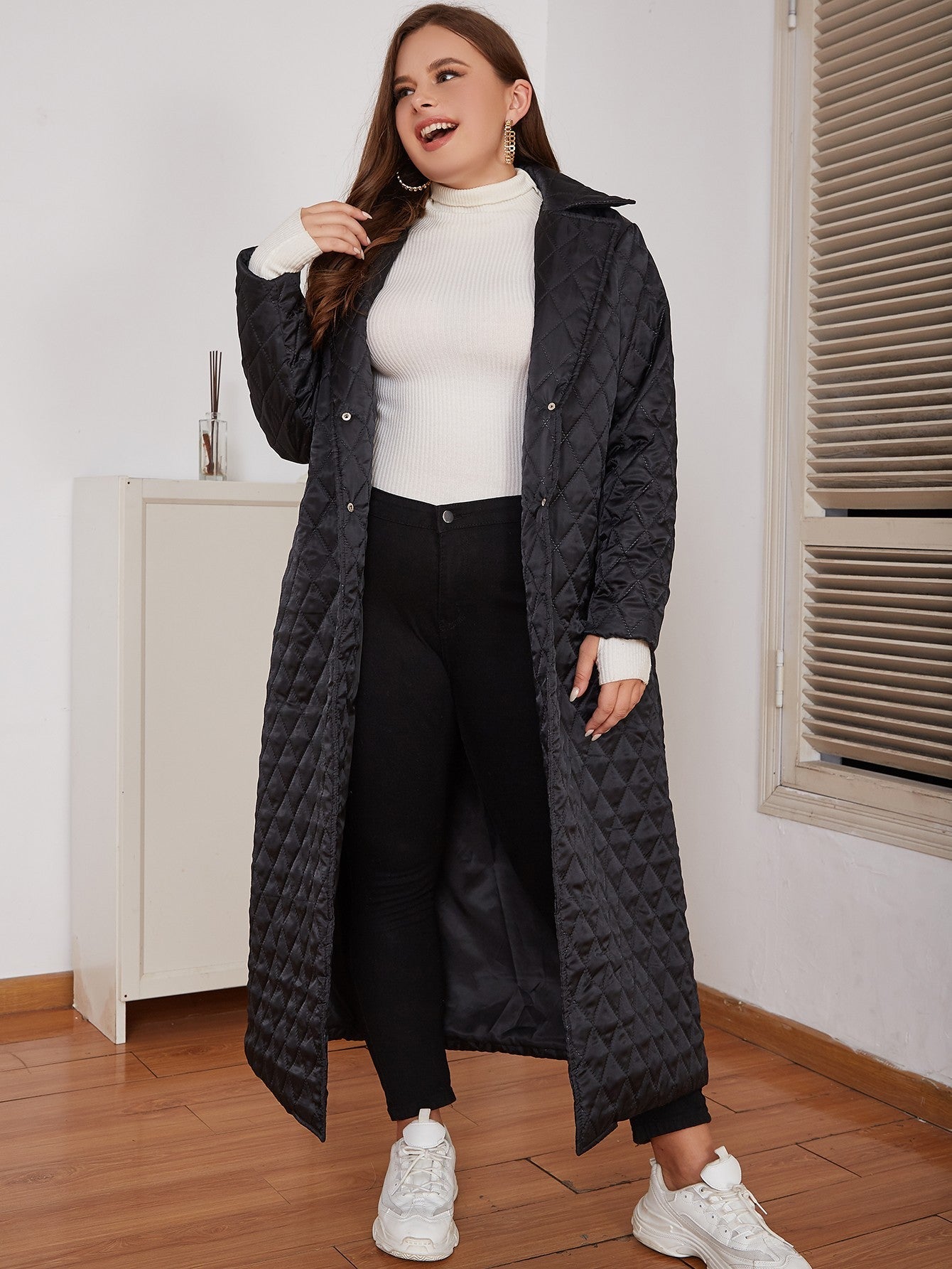 Women's Black Plus Size Winter Jacket Snap Front Lapel Collar Quilted Duster Coat_2