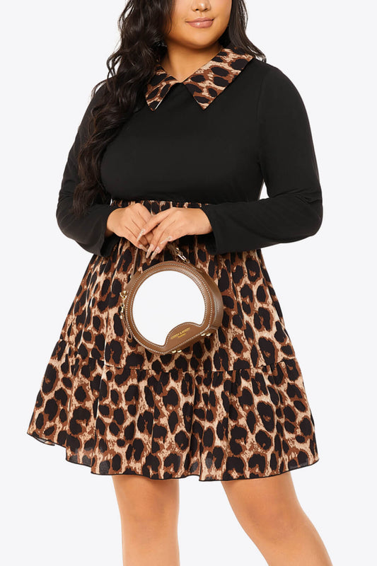 Leopard Color Block Collared Long Sleeve Plus Size Dress_0