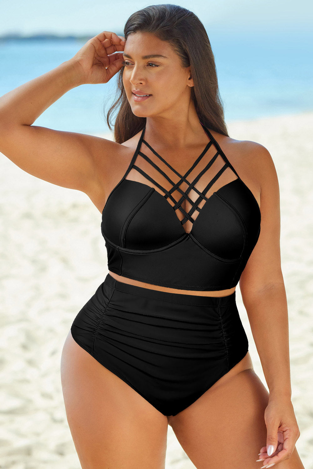 Halter Neck Crisscross Ruched Two-Piece Swimsuit_1