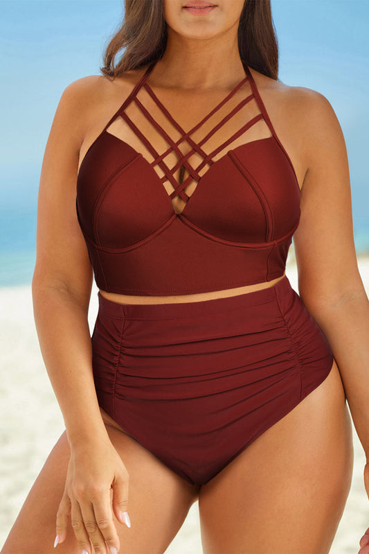 Halter Neck Crisscross Ruched Two-Piece Swimsuit_0