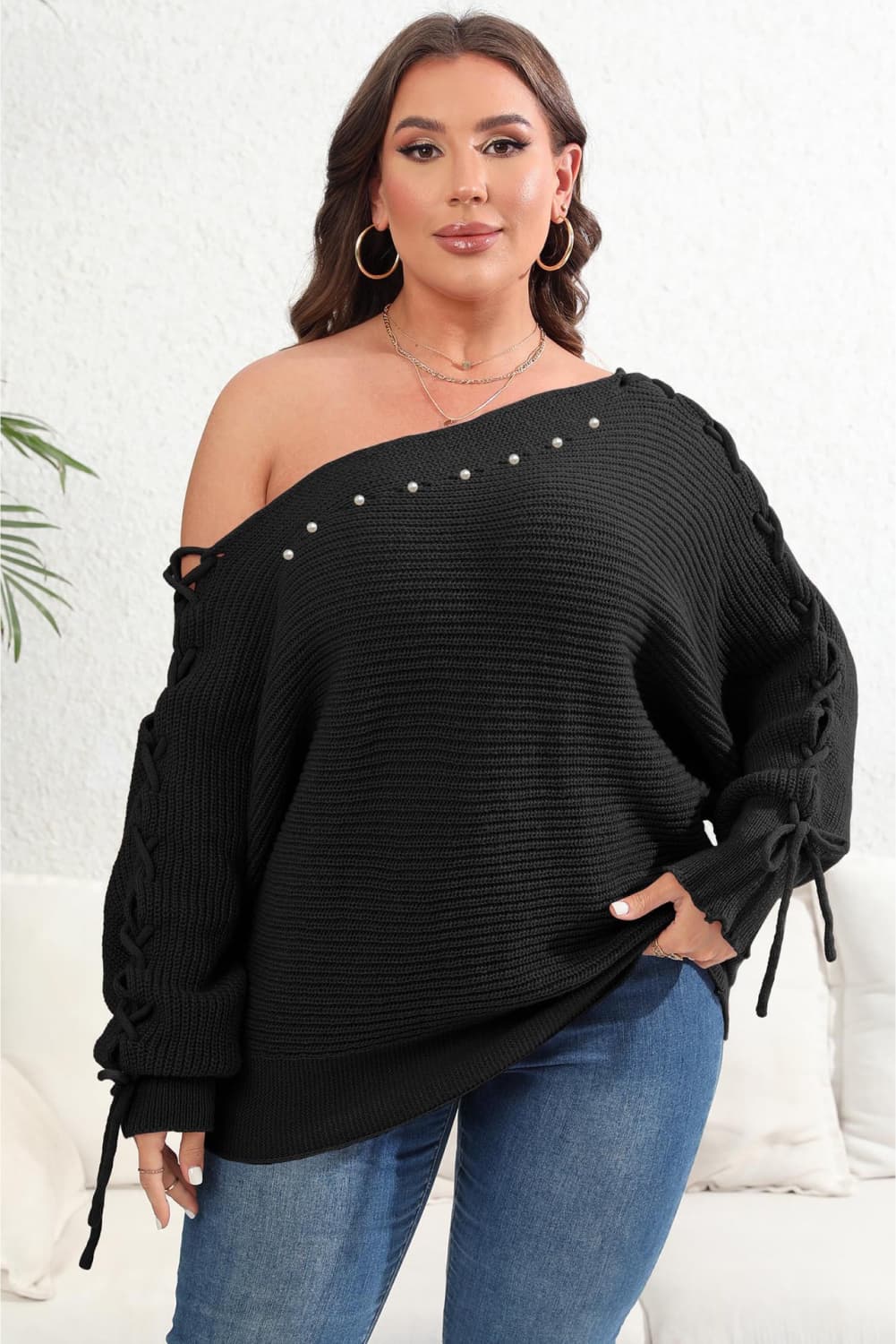 Womens Beaded One Shoulder Pullover Plus Size Sweater_0