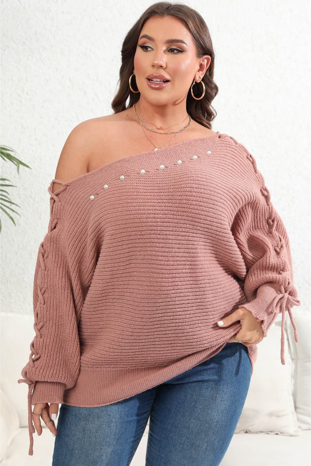 Womens Beaded One Shoulder Pullover Plus Size Sweater_1