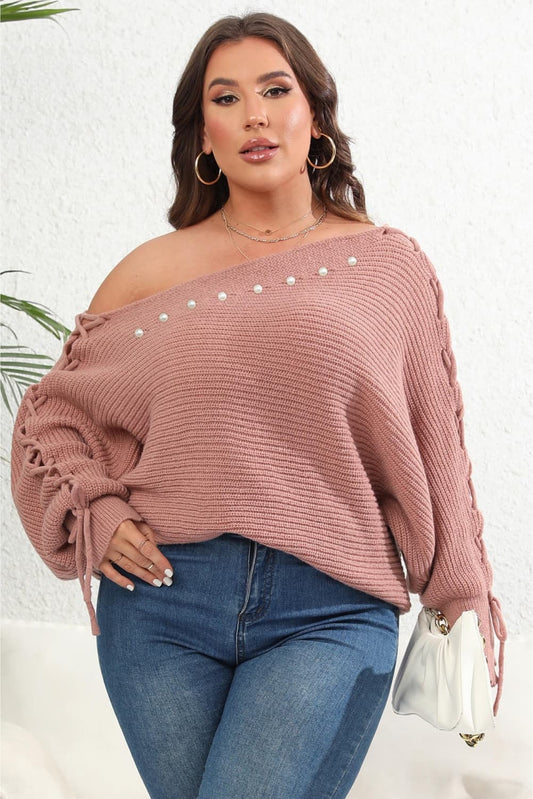 Womens Beaded One Shoulder Pullover Plus Size Sweater_3