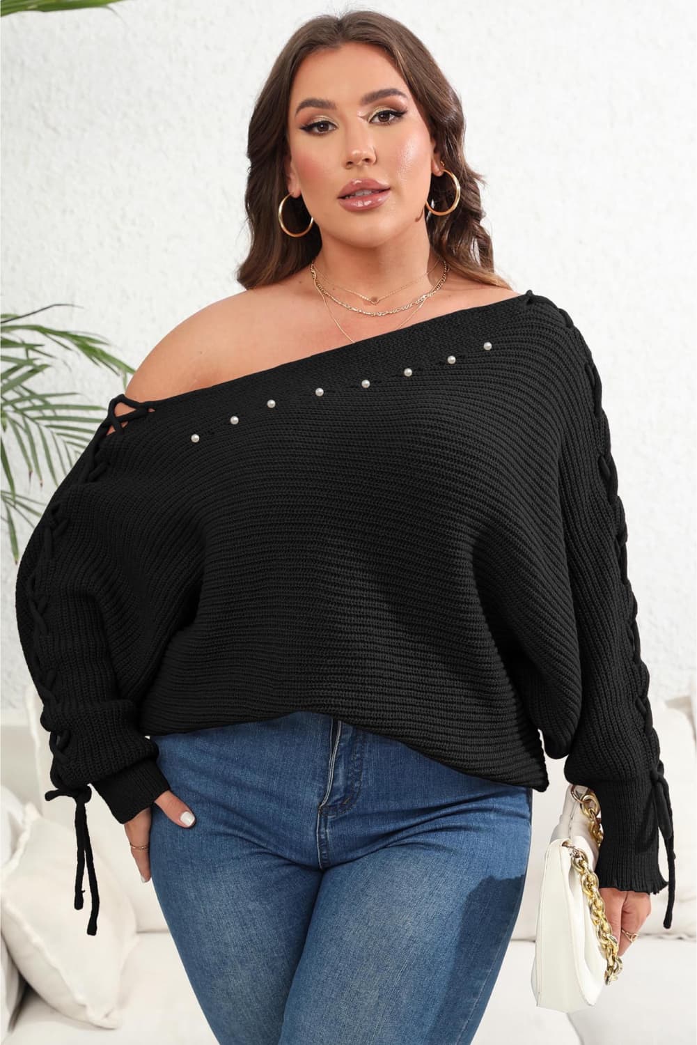 Womens Beaded One Shoulder Pullover Plus Size Sweater_5