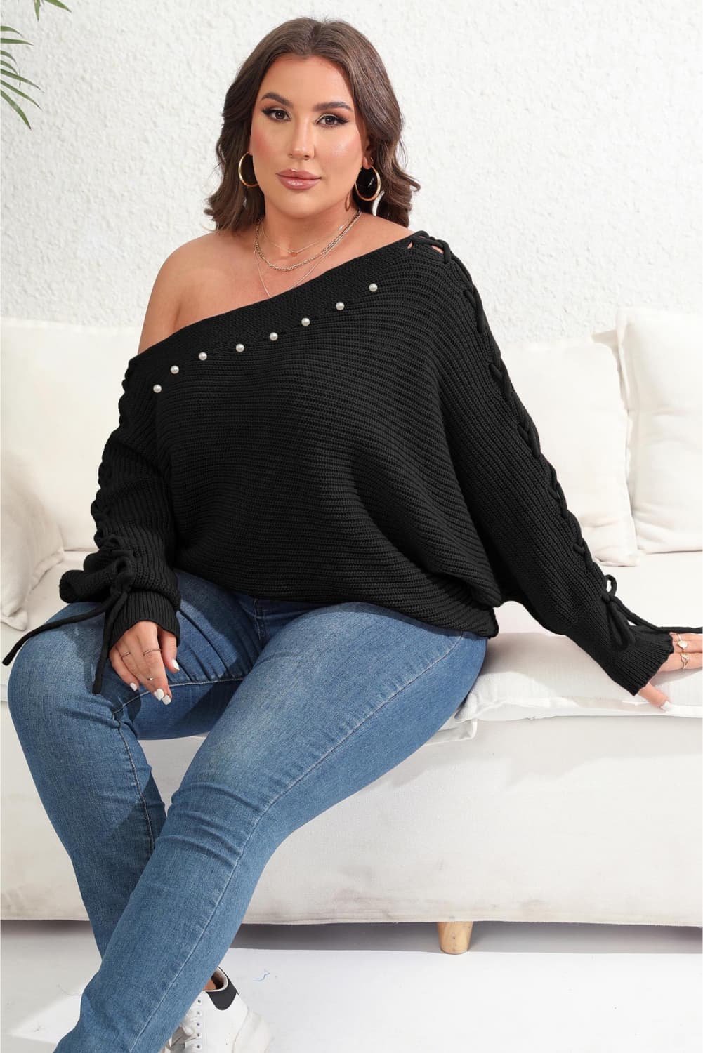 Womens Beaded One Shoulder Pullover Plus Size Sweater_7