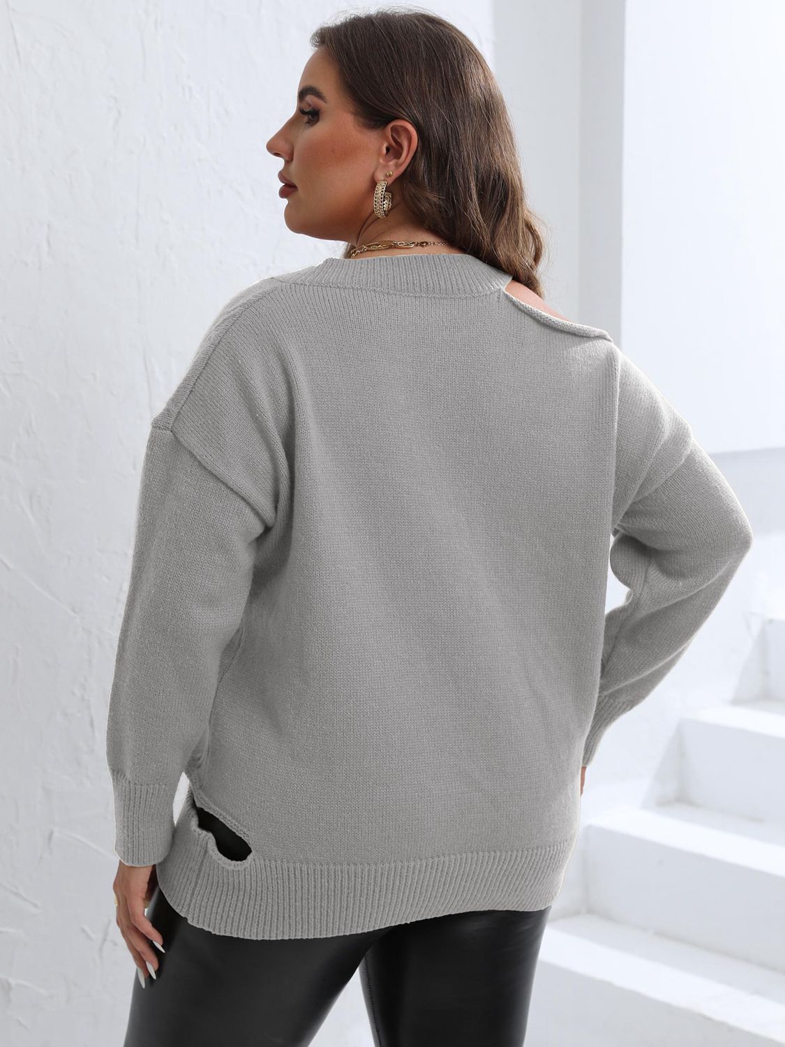 Womens Cutout V-Neck Plus Size Pullover Sweater_6