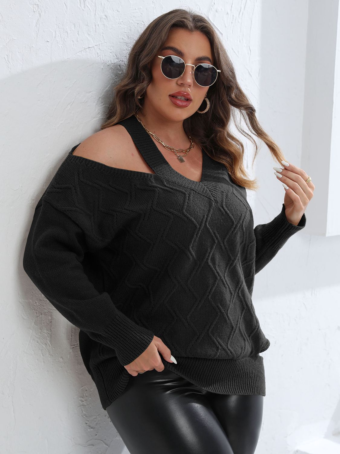 Womens Cutout V-Neck Plus Size Pullover Sweater_7