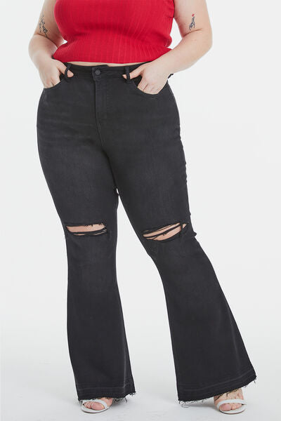 Trendy Plus Size Distressed Raw Hem Flare Jeans_3