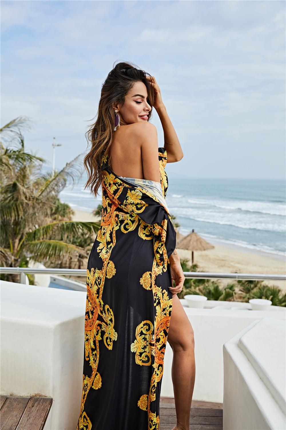 Printed Plunge One-Piece and Cover Up Swim Set: Poolside Elegance_3