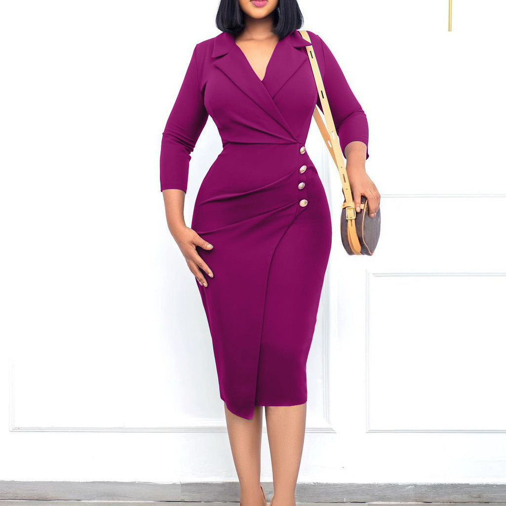 Ladies' Collar Button Slim Fit purple Dress| Bella Modal