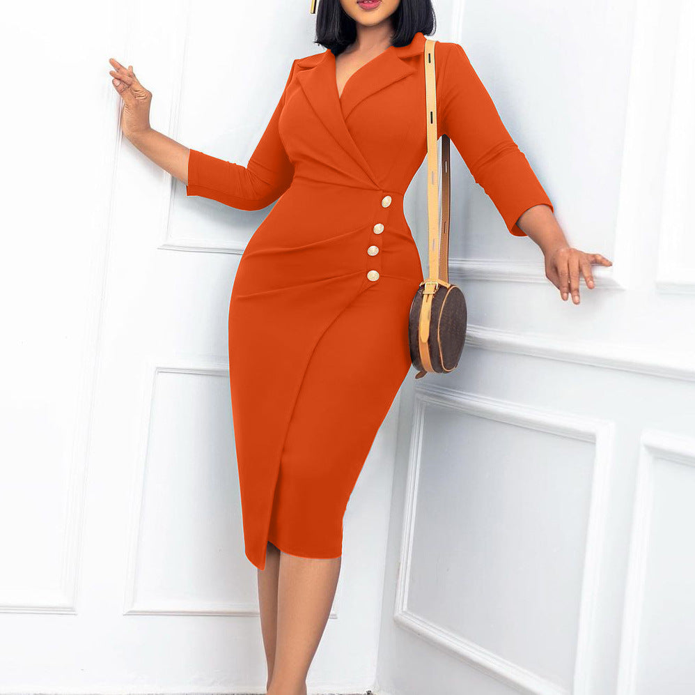 Ladies' Collar Button Slim Fit Orange Dress| Bella Modal