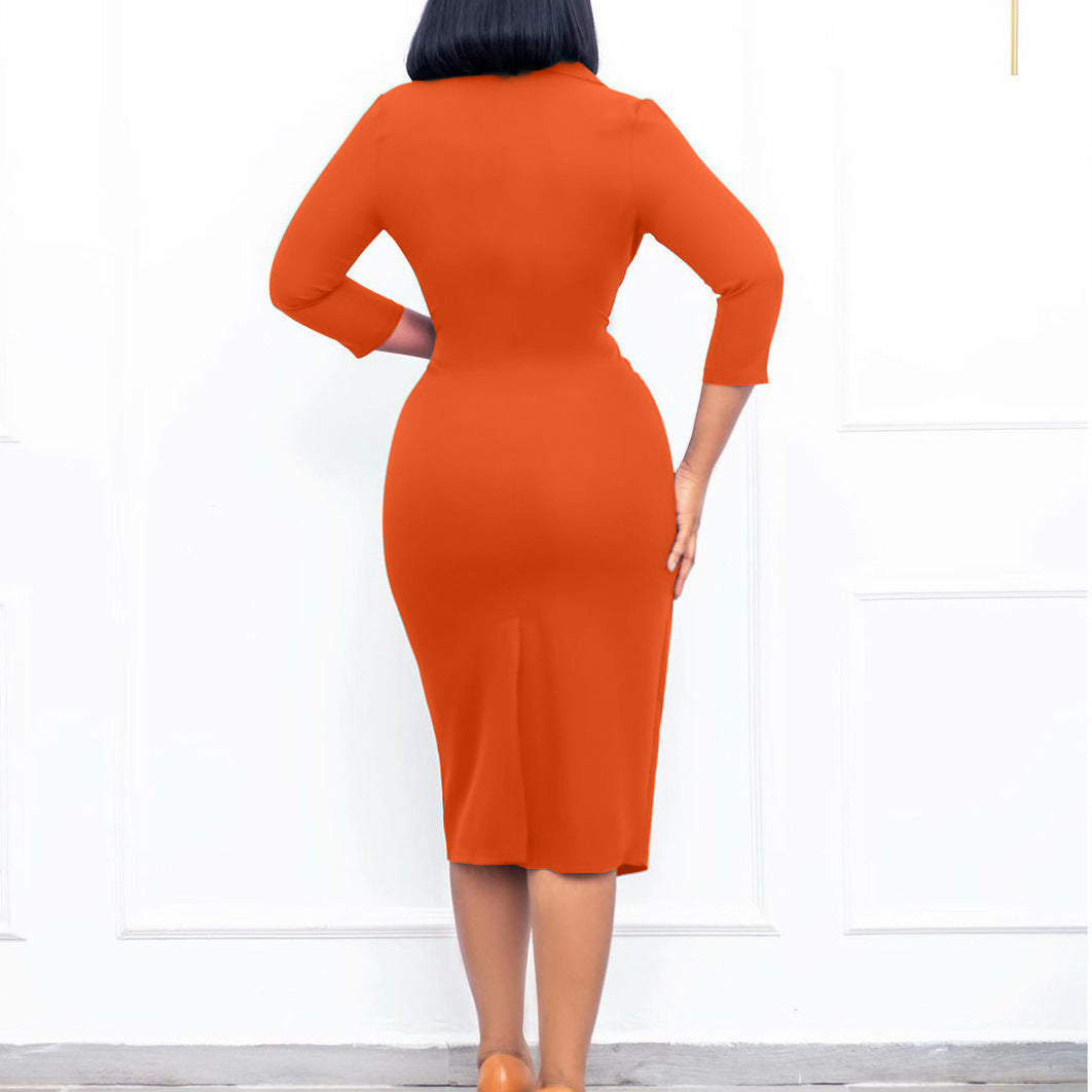 Ladies' Collar Button Slim Fit orange Dress| back view| Bella Modal