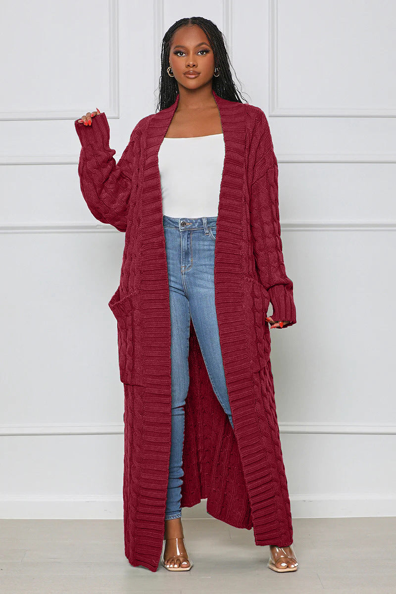 Wine Red Loose Knit Cardigan With Lazy Wind Pocket| Jacket| Long| Full Length| Bella Modal