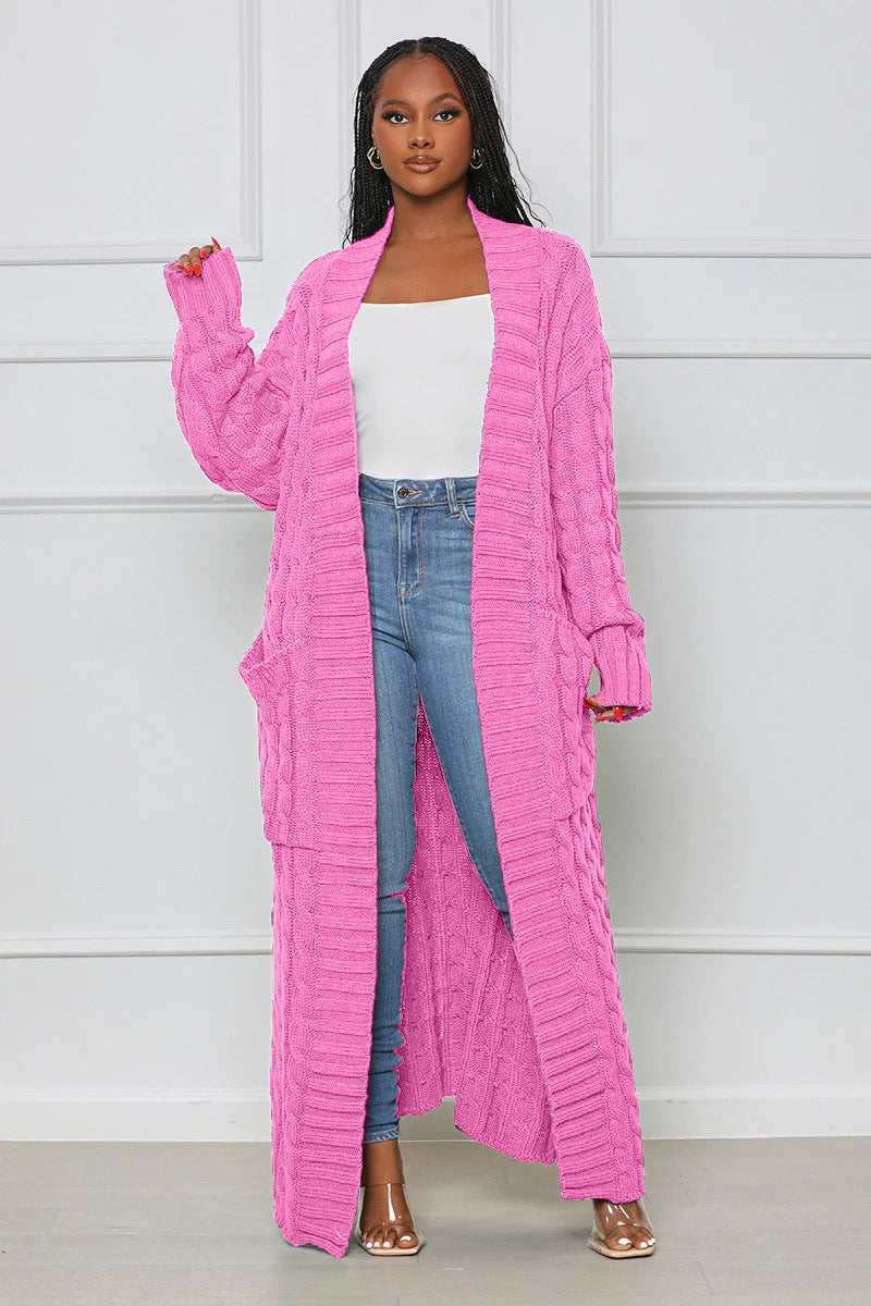 Pink Loose Knit Cardigan With Lazy Wind Pocket| Jacket| Long| Full Length| Bella Modal