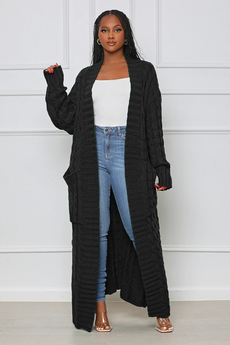Black Loose Knit Cardigan With Lazy Wind Pocket| Jacket| Long| Full Length| Bella Modal