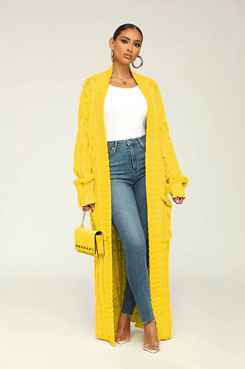 Yellow Loose Knit Cardigan With Lazy Wind Pocket| Jacket| Long| Full Length| Bella Modal