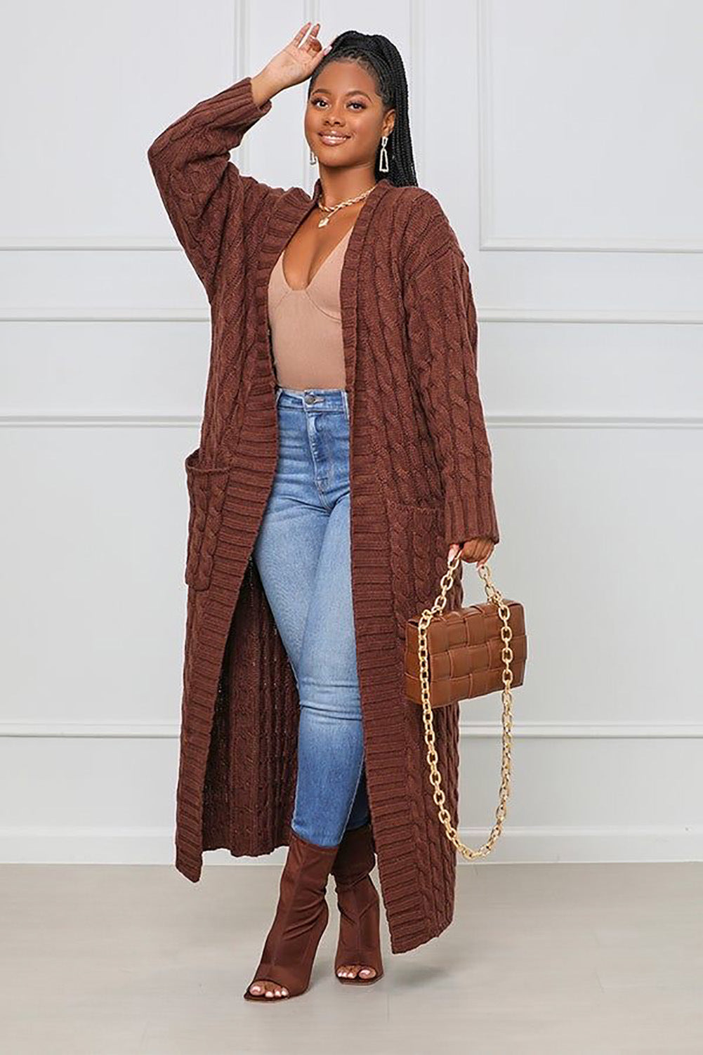 Brown Loose Knit Cardigan With Lazy Wind Pocket| Jacket| Long| Full Length| Bella Modal