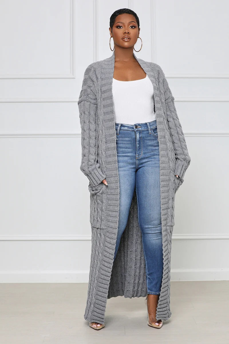 Gray / Grey Loose Knit Cardigan With Lazy Wind Pocket| Jacket| Long| Full Length| Bella Modal