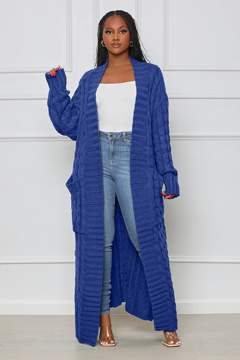 Blue Loose Knit Cardigan With Lazy Wind Pocket| Jacket| Long| Full Length| Bella Modal