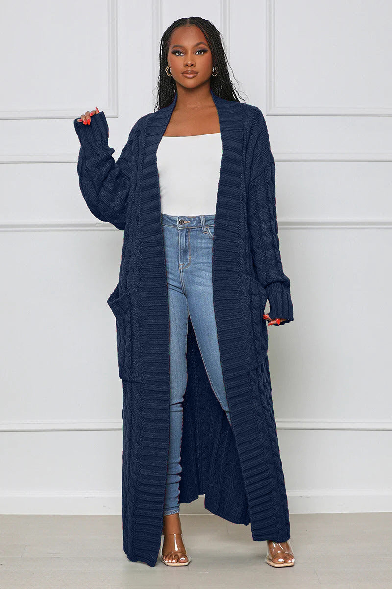 Dark Blue Loose Knit Cardigan With Lazy Wind Pocket| Jacket| Long| Full Length| Bella Modal