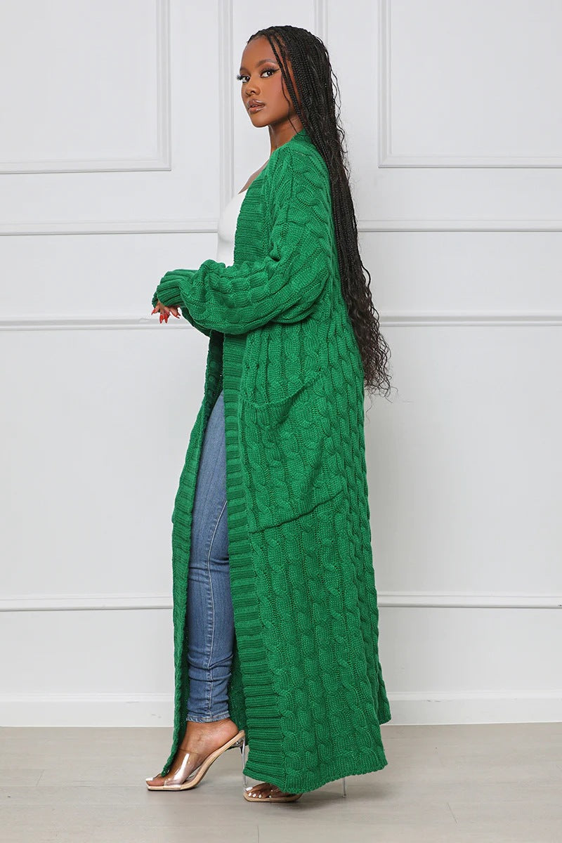 Green Loose Knit Cardigan With Lazy Wind Pocket| Jacket| Long| Full Length| Bella Modal