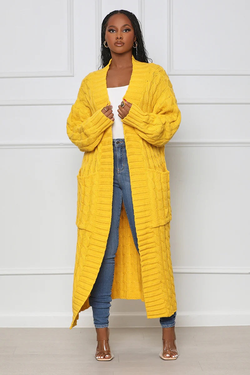Yellow Loose Knit Cardigan With Lazy Wind Pocket| Jacket| Long| Full Length| Bella Modal
