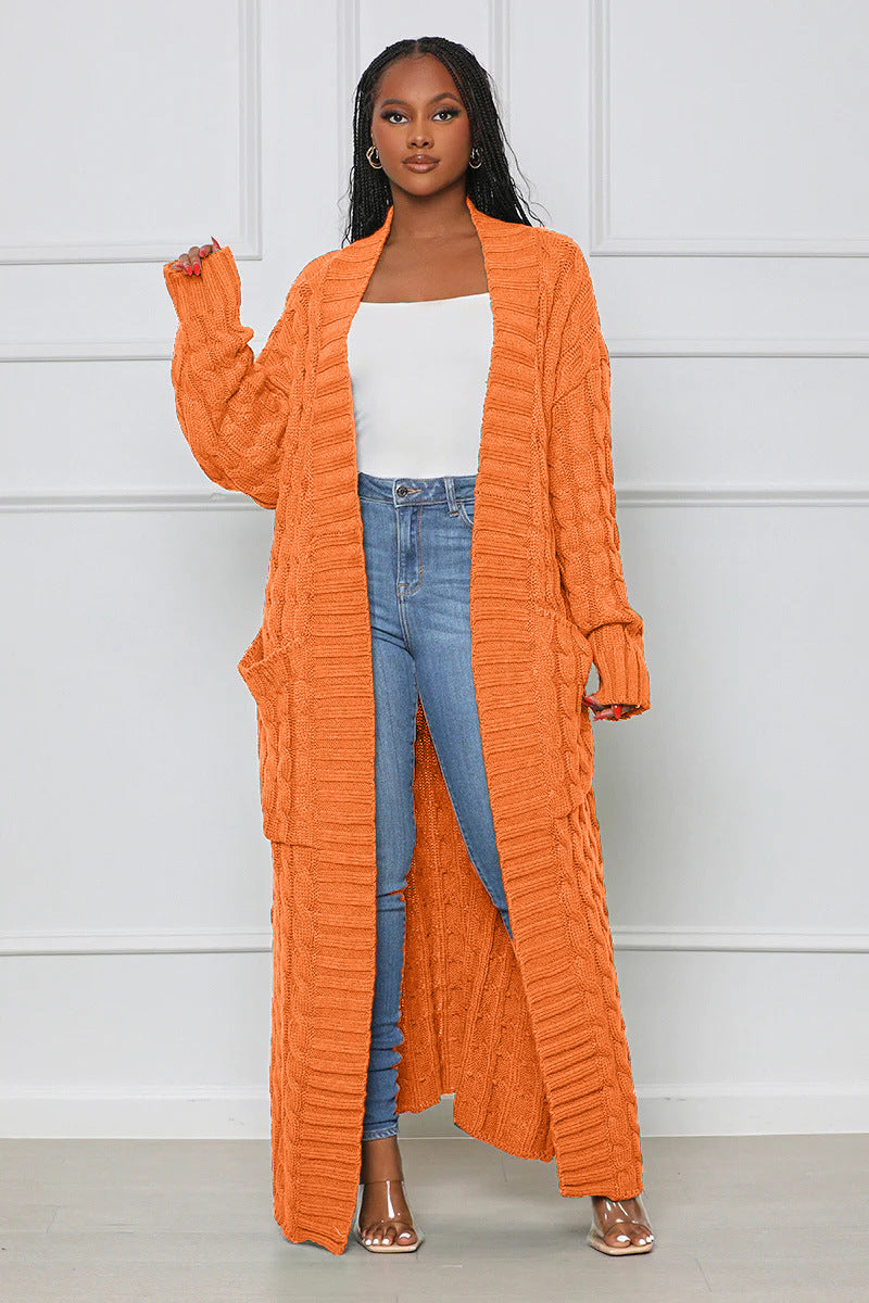Orange Loose Knit Cardigan With Lazy Wind Pocket| Jacket| Long| Full Length| Bella Modal