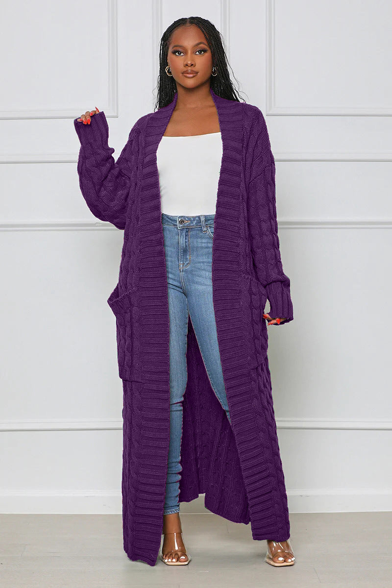 purple Loose Knit Cardigan With Lazy Wind Pocket| Jacket| Long| Full Length| Bella Modal