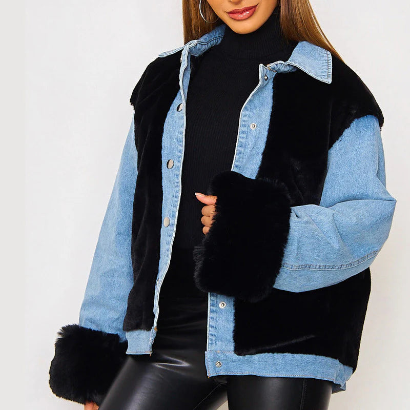 Thickened Fleece Denim Stitching Warm Coat for Women| balck and blue| Bella Modal