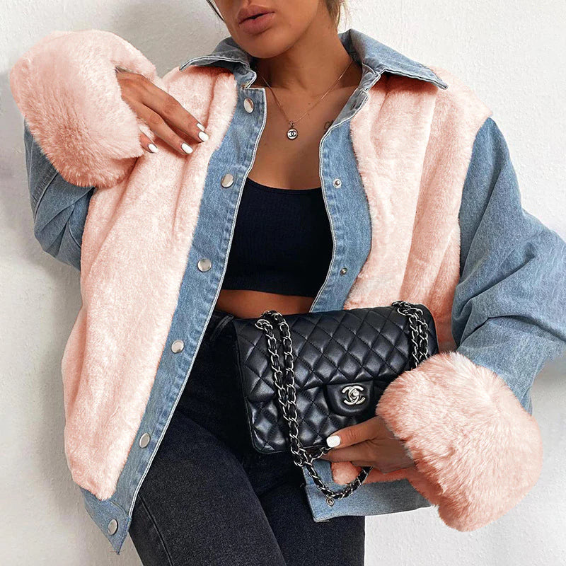 Thickened Fleece Denim Stitching Warm Coat for Women| pink|  Bella Modal