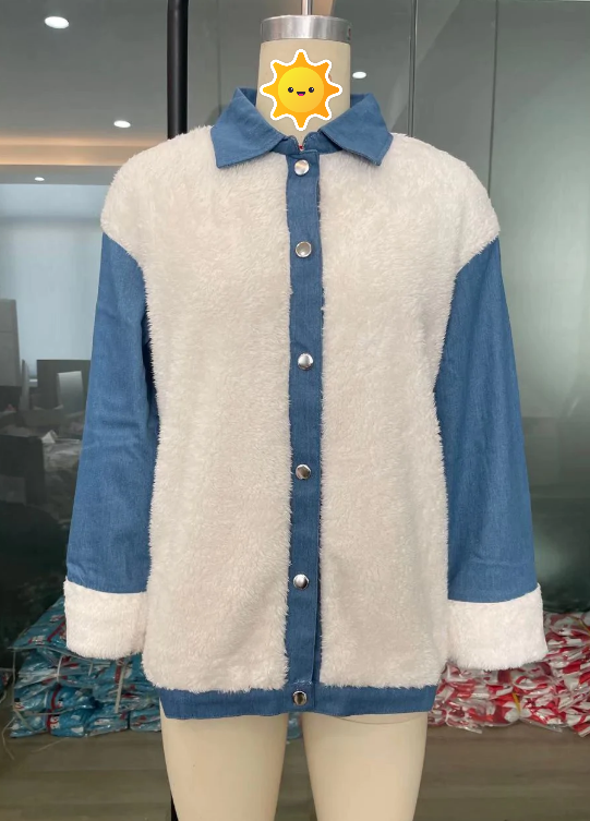 Thickened Fleece Denim Stitching Warm Coat for Women| blue and white| Mannequin| Bella Modal