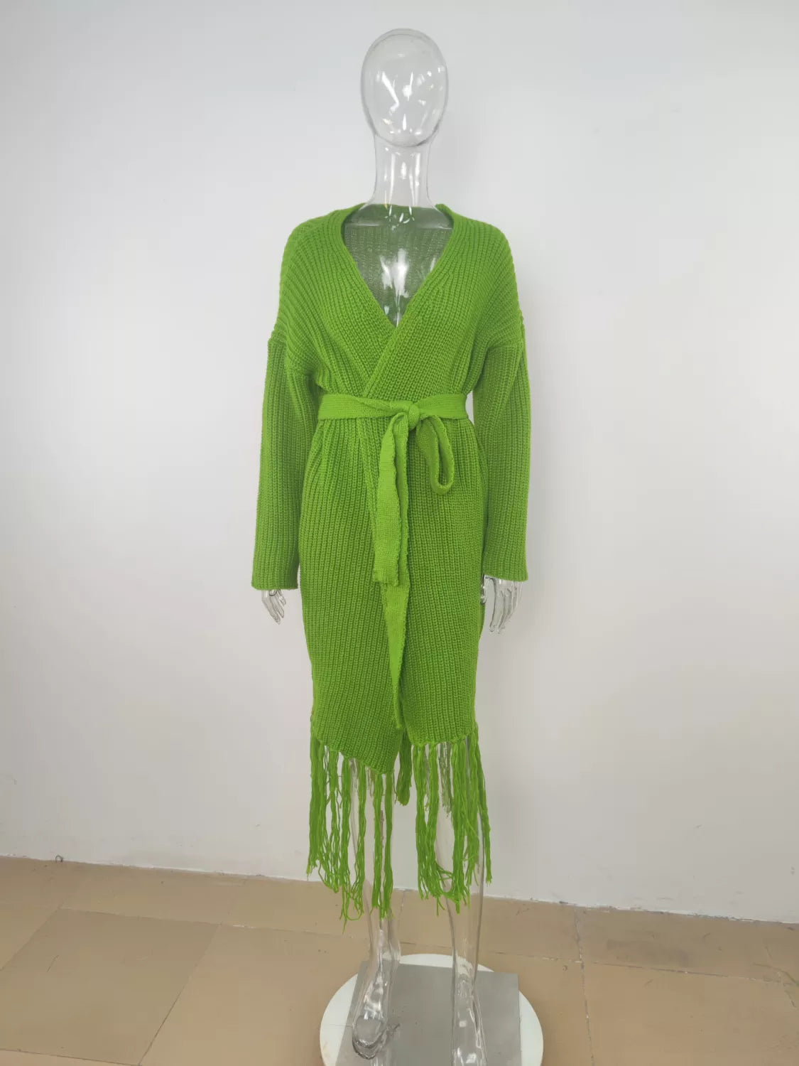 Women's Winter Leisure Thickened Long Cardigan with Fringes in green | Bella Modal