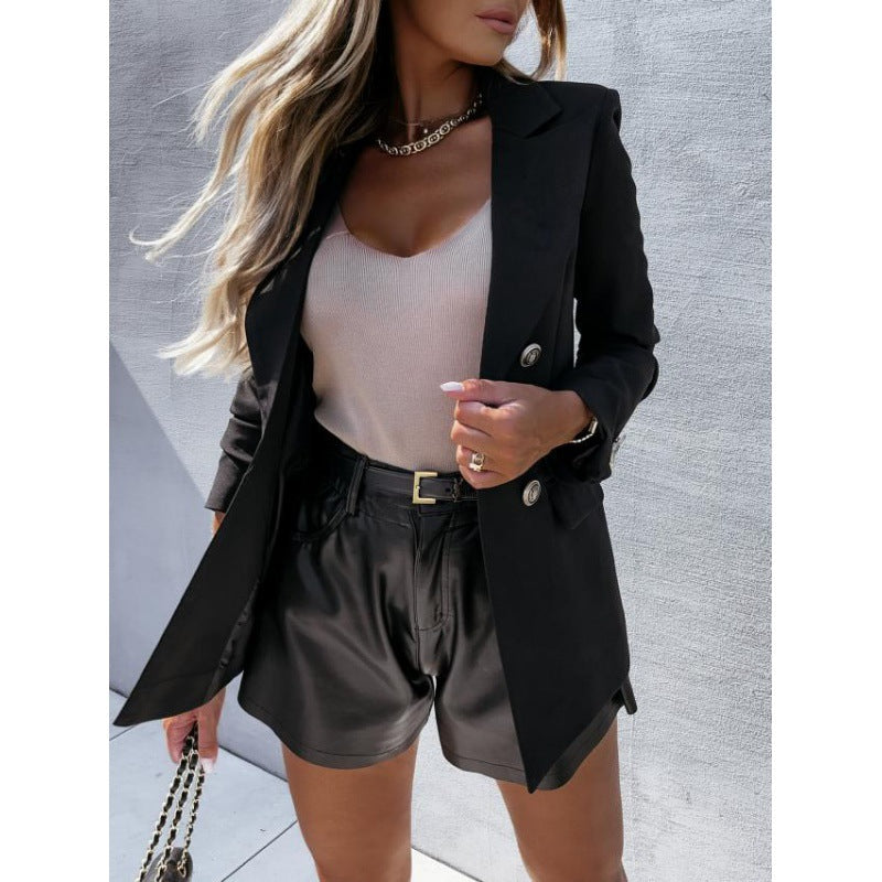Ladies Solid Color Double-Breasted Suit Jacket Blazer_4