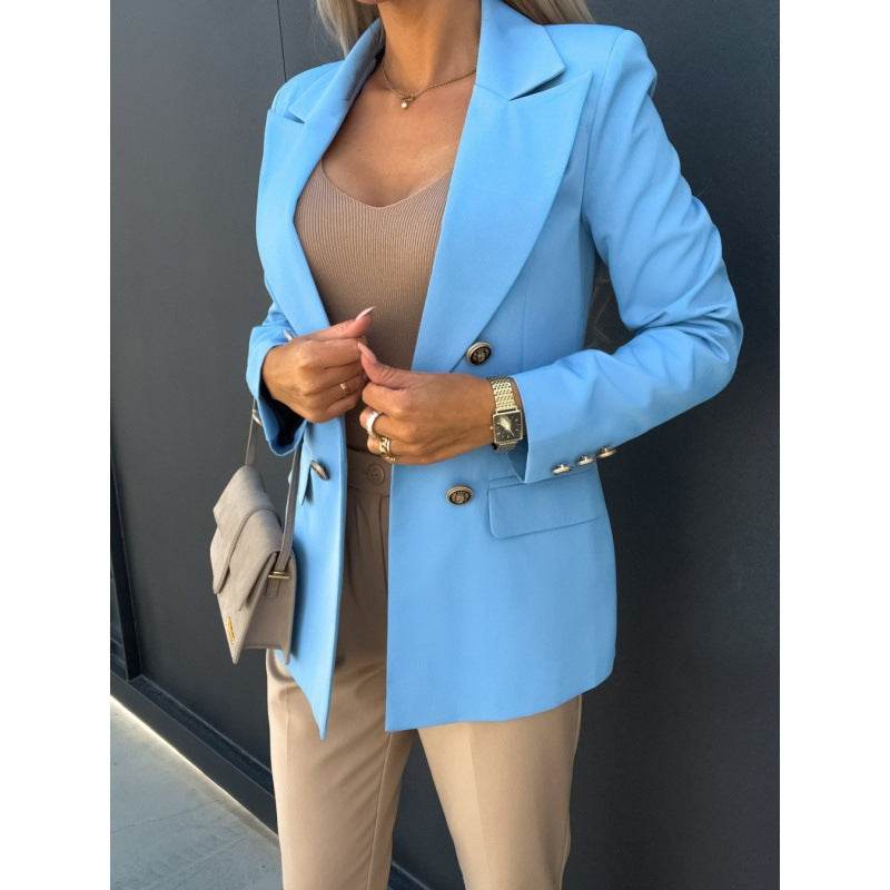 Ladies Solid Color Double-Breasted Suit Jacket Blazer_6
