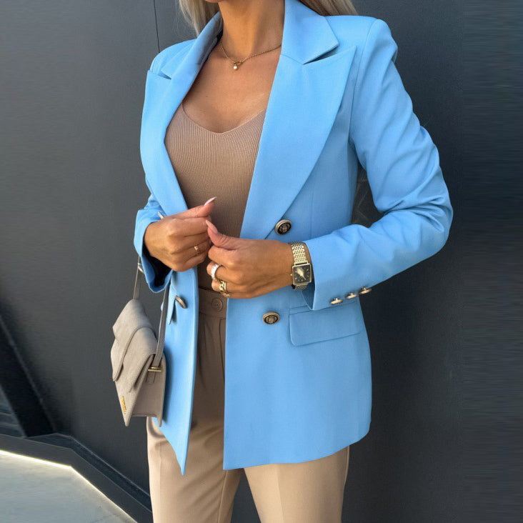 Ladies Solid Color Double-Breasted Suit Jacket Blazer_8