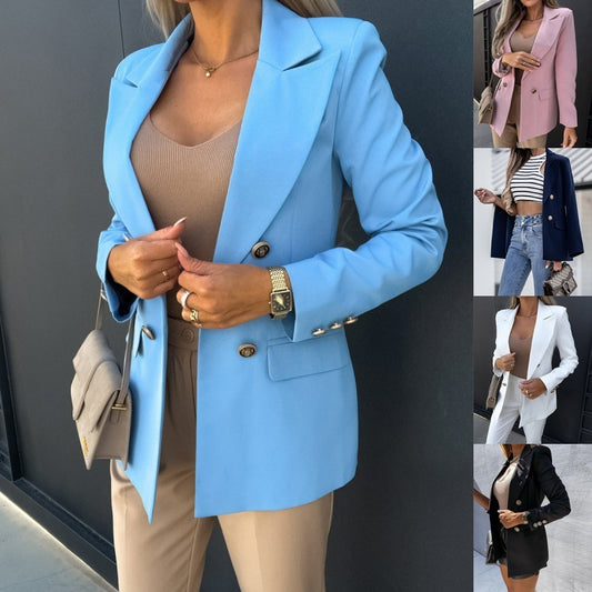 Ladies Solid Color Double-Breasted Suit Jacket Blazer_0