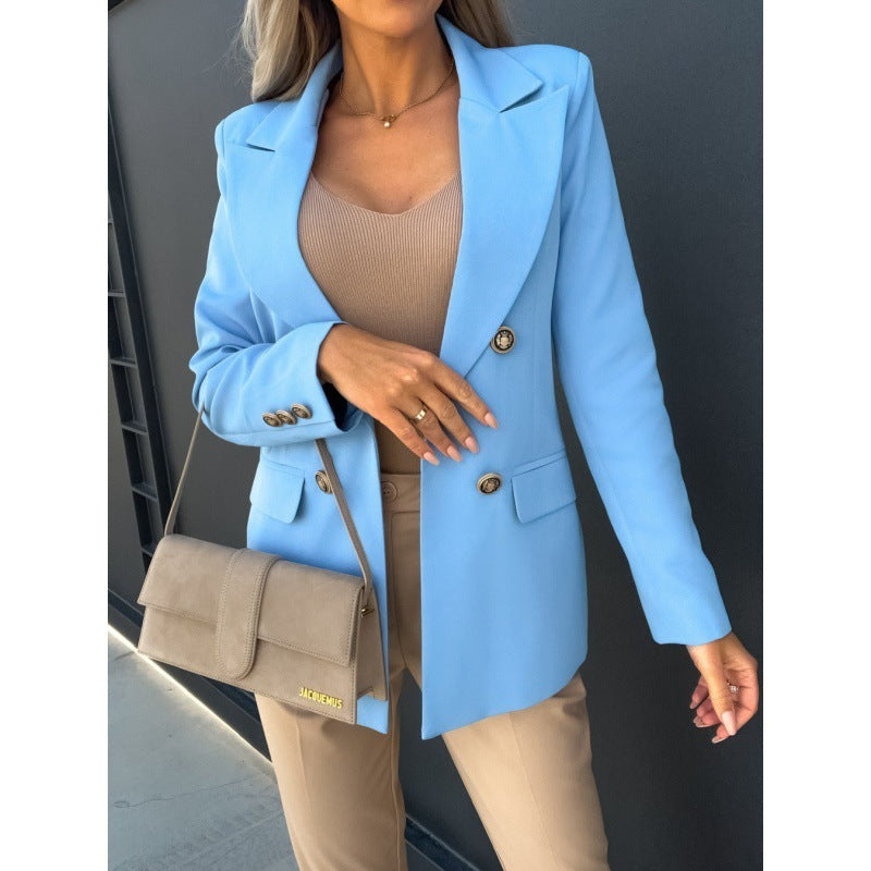 Ladies Solid Color Double-Breasted Suit Jacket Blazer_5