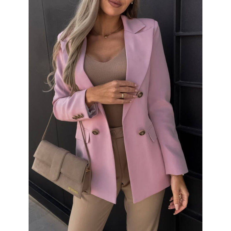 Ladies Solid Color Double-Breasted Suit Jacket Blazer_3