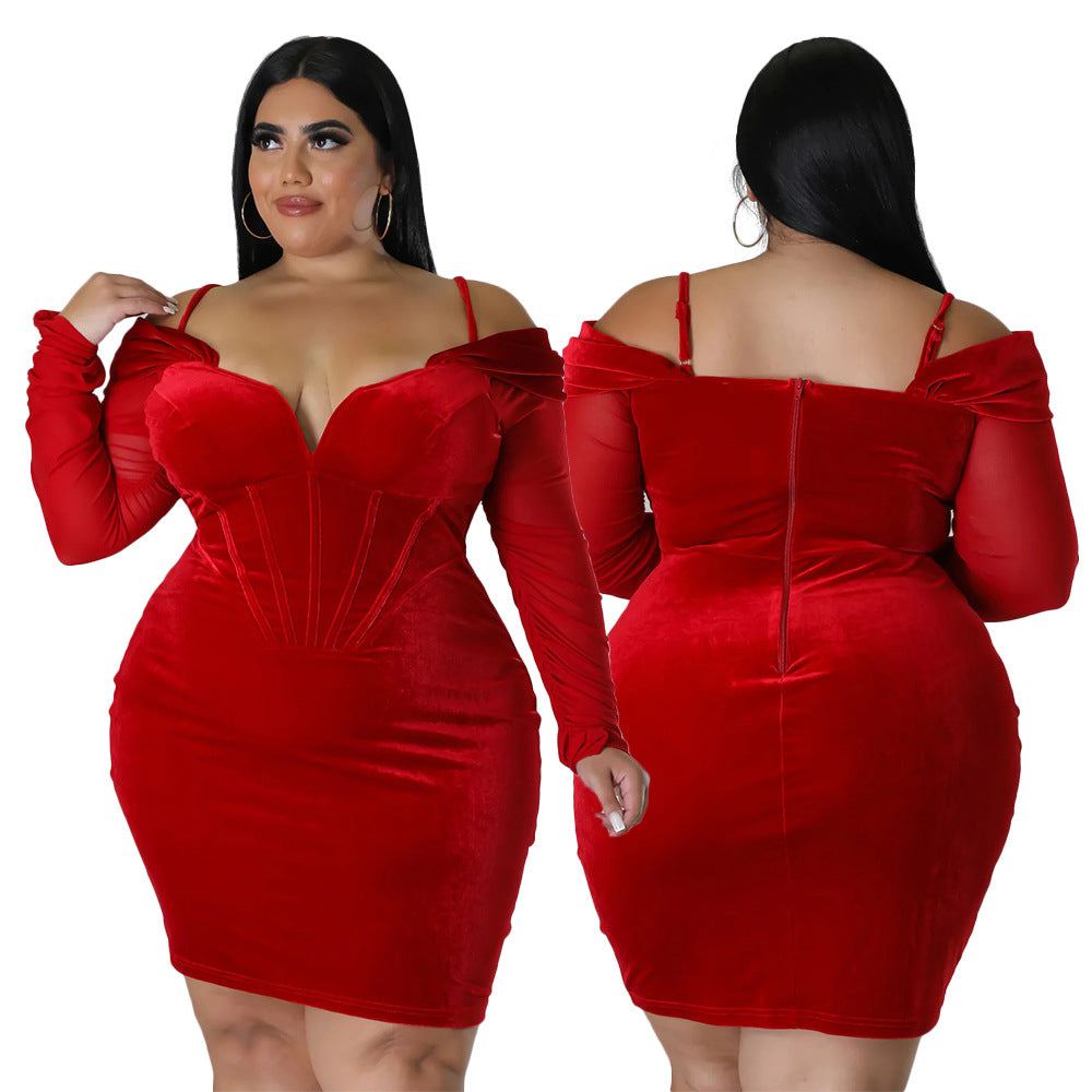 Velvet Slip Long Sleeve Plus Size Dress for Women_0