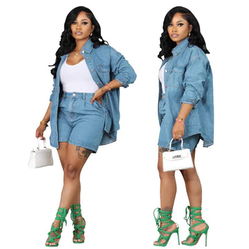 Long Sleeve Top And High Waist Shorts Plus Size Denim Two Piece Set for Women_4