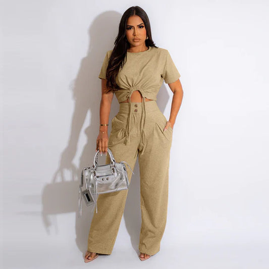 Womens Short Sleeved Pleated Top With Adjustable Strings And Wide Leg Pants Set_6